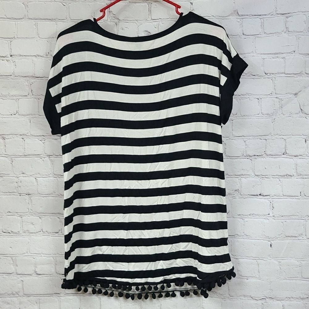 Black White Stripe Top Large Cable & Gauge Pom Detail Soft Luxe Chic Dolman Tee - Picture 8 of 10
